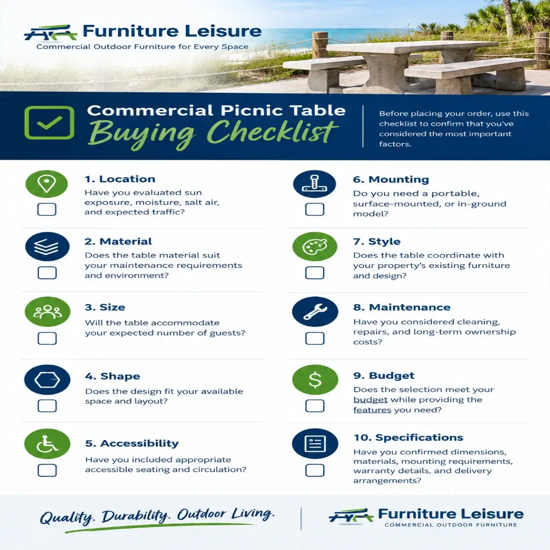 Commercial picnic table buying checklist covering location, material, size, shape, accessibility, mounting, style, maintenance, budget, and specifications.